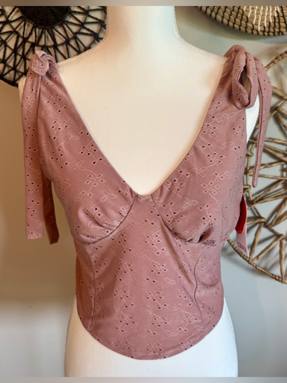 NWT Cider‎ Dusty Pink Eyelet Tie-Shoulder Cropped Bustier Top Size XL
